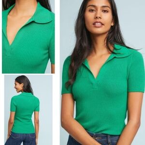 MOTH ANTHROPOLOGIE Green ribbed v-neck polo shirt, size XS